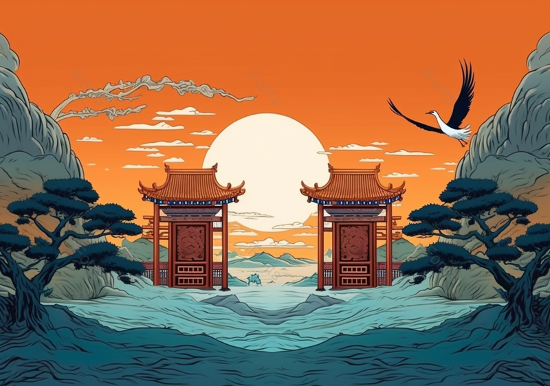 仙鹤鸟夕阳山门夕阳中国风国潮古典复古插画,插画/手绘图,插画/手绘图库,插画/手绘图下载,插画/手绘